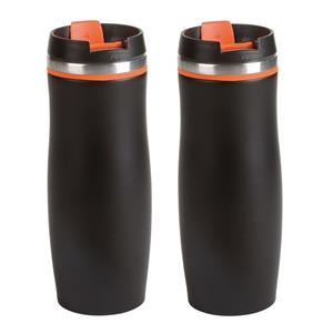 Bellatio Set van 2x stuks rVS Warmhoudbeker/isoleerbeker zwart met oranje 400 ml -