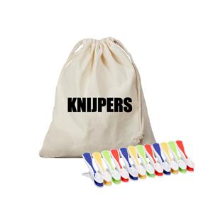 Bellatio Canvas knijperzak/ opbergzakje knijpers wit/ offwhite met koord 25 x 30 cm en 48 plastic wasknijpers -