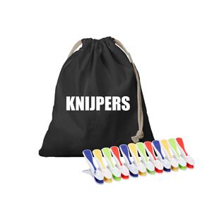 Bellatio Canvas knijperzak/ opbergzakje knijpers zwart met koord 25 x 30 cm en 48 plastic wasknijpers -