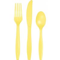 Geel plastic party bestek set 96-delig - messen/vorken/lepels - herbruikbaar - BBQ verjaardag feestje artikelen