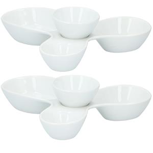 Alpina Set van 2x stuks snack/borrelschalen porselein bloem 4-vaks met sausbakje 24 cm - Keukenbenodigdheden - Snacks/hapjes serveren