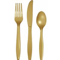 Plastic bestek goudkleurig 24-delig - BBQ/Feest/Verjaardag bestek messen/vorken/lepels - herbruikbaar