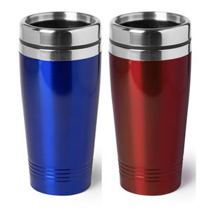 Bellatio Set van 2x stuks Warmhoudbekers/warm houd bekers metallic rood en blauw 450 ml -