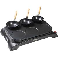 Bestron Raclette AWS600, 6 Raclettepfännchen, 1000 W, elektrisches Party-Wok-Set, Tischgrill mit Mini Wok Pfannen für 6 Personen, inkl. 6 Holzspatel & 1 Schöpflöffel, Schwarz