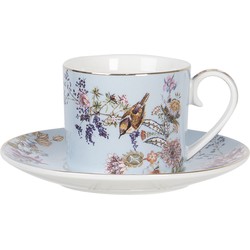 Clayre & Eef Kop en schotel 11*8*7 / Ø 16*2 cm / 220 ml Meerkleurig Porselein Rond Bloemen Servies Moederdag cadeau Cappuccino