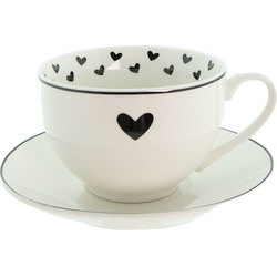 Clayre & Eef Kop en schotel 238 ml Wit, Zwart Porselein Hartjes Servies Moederdag cadeau Cappuccino