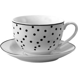 Clayre & Eef Kop en schotel 238 ml Wit, Zwart Porselein Bolletjes Servies Moederdag cadeau Cappuccino