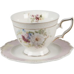 Clayre & Eef Kop en schotel 200 ml Wit Porselein Rond Bloemen Servies Moederdag cadeau Cappuccino