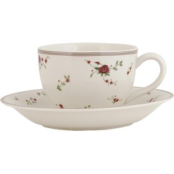 Clayre & Eef Kop en schotel 200 ml Creme Keramiek Rond Bloemen Servies Moederdag cadeau Cappuccino