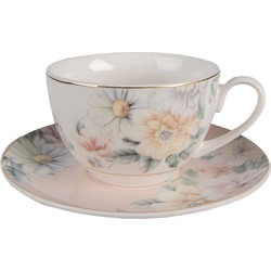 Clayre & Eef Kop en schotel 250 ml Wit Porselein Bloemen Servies Moederdag cadeau Cappuccino