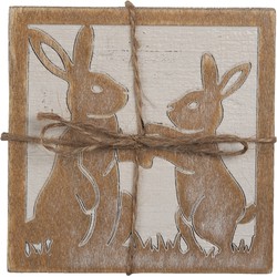 Clayre & Eef Onderzetters voor Glazen Set van 4 10*10 cm Bruin Hout Vierkant Hazen Onderlegger