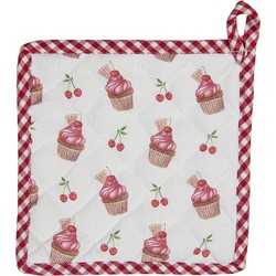 Clayre & Eef Pannenlap 20*20 cm Rood, Wit Katoen Vierkant Cupcakes Afgiet Pannenlap Afgiethulp Pannelap