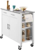 SoBuy Design Küchenwagen mit Edelstahlplatte Kücheninsel mit Seitenregal Küchenschrank Rollwagen Sideboard Servierwagen weiß