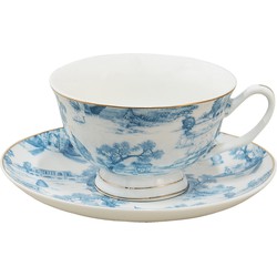 Clayre & Eef Kop en schotel Ø 10*6 / Ø 15*2 cm / 250 ml Blauw Porselein Servies Moederdag cadeau Cappuccino