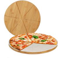 RELAXDAYS Pizzabrett Bambus 2er Set, runde Pizzateller 33 cm Ø, inkl. Backpapier, Pizza Schneidebrett mit Rillen, natur