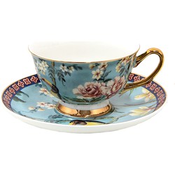 Clayre & Eef Kop en schotel 12*10*6 cm / Ø 15*2 cm / 200 ml Blauw Porselein Vogels Servies Moederdag cadeau Cappuccino