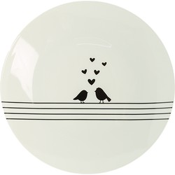 Clayre & Eef Servies Dinerbord Ø 26*2 Cm Wit, Zwart Porselein Rond Vogeltjes En Hartjes Eetbord Wit Eetbord