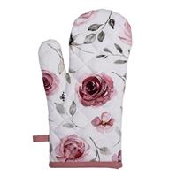 Clayre & Eef Ovenwant  18x30 cm Wit Roze Katoen Rozen Ovenhandschoen