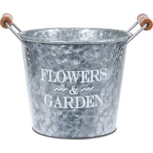 Metalen Emmer/plantenpot Zilver Met Houten Handvat 8 Liter D19 X H24 Cm - Ijzeren Emmer / Teil