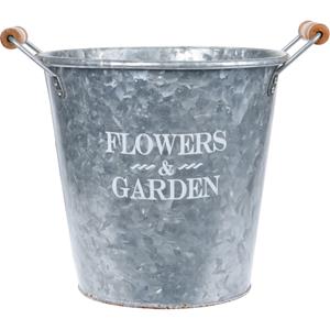 Metalen Emmer/plantenpot Zilver Met Houten Handvat 14 Liter D24 X H25 Cm - Ijzeren Emmer / Teil