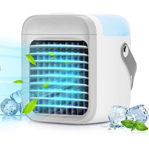 BES LED Mini Aircooler met LED Verlichting - Aigi Cuby - Mistventilator - Mini Tafelventilator - Luchtkoeler - USB Oplaadbaar - Wit