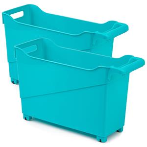 Forte Plastics Set Van 2x Stuks Kunststof Trolleys Turquoise Blauw Op Wieltjes L45 X B17 X H29 Cm - Opberg Trolley