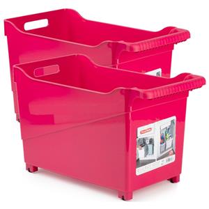 Forte Plastics Set Van 2x Stuks Kunststof Trolleys Fuchsia Roze Op Wieltjes L45 X B24 X H27 Cm - Opberg Trolley