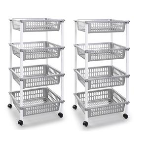 Forte Plastics 2x Stuks Zilverkleurige Opberg Trolleys/roltafels Met 4 Manden 85 Cm - Opberg Trolley