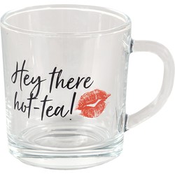 Clayre & Eef Theeglas 11*8*9 Cm / 200 Ml Zwart Glas Lippen Hey There Hot Tea! Theemok Theebeker Transparant Theemok