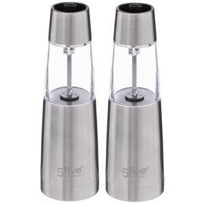 5five Set van 2x stuks electrische pepermolens RVS/glas zilver 19 cm - Pepermaler - Kruiden en specerijen vermalers