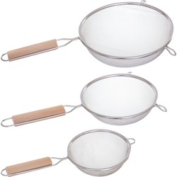 Secret De Gourmet Set van 3x stuks keukenzeefjes 25, 31 en 35 cm van RVS met houten handvat- Zeefjes - Zeven