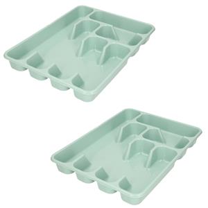 Hega Hogar Set van 2x stuks kunststof bestekbak/bestekhouders 6-vaks mintgroen - 40 x 30 x 5 cm - Keuken lades opbergers - vakverdelingen