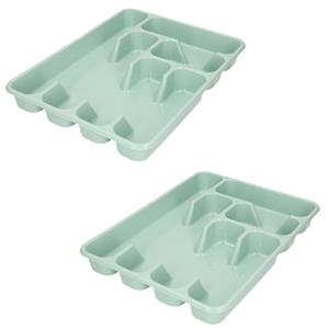 Hega Hogar Set van 2x stuks kunststof bestekbak/bestekhouders 6-vaks mintgroen - 40 x 30 x 5 cm - Keuken lades opbergers - vakverdelingen