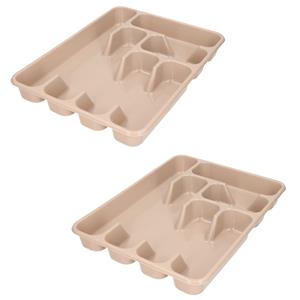 Hega Hogar 2x stuks kunststof bestekbak/bestekhouders 6-vaks taupe - 40 x 30 x 5 cm - Keuken lades opbergers - vakverdelingen