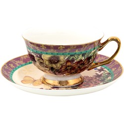 Clayre & Eef Kop en schotel 12*10*6 cm / Ø 15*2 cm / 200 ml Paars Porselein Vlinder Servies Cadeau voor haar Cappuccino