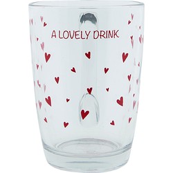 Clayre & Eef Theeglas 11*8*11 Cm / 300 Ml Transparant Rood Glas Hartjes A Lovely Drink Theemok Theebeker Transparant