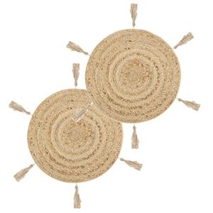 ATMOSPHERA Set van 4x stuks ronde placemats raffia met franjes naturel - 38 cm - Tafel onderleggers