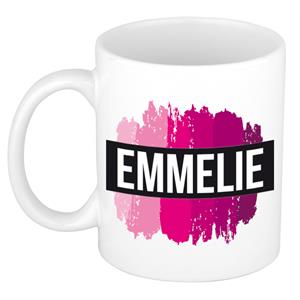 Bellatio Emmelie naam cadeau mok / beker met roze verfstrepen - Cadeau collega/ moederdag/ verjaardag of als persoonlijke mok werknemers