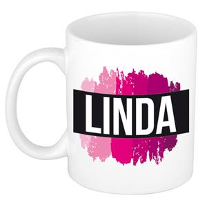 Bellatio Linda naam cadeau mok / beker met roze verfstrepen - Cadeau collega/ moederdag/ verjaardag of als persoonlijke mok werknemers