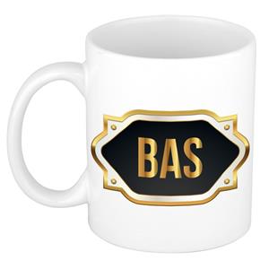 Bellatio Bas naam cadeau mok / beker met gouden embleem - kado verjaardag/ vaderdag/ pensioen/ geslaagd/ bedankt