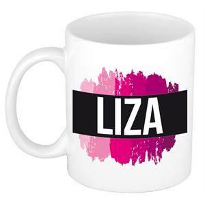 Bellatio Liza naam cadeau mok / beker met roze verfstrepen - Cadeau collega/ moederdag/ verjaardag of als persoonlijke mok werknemers