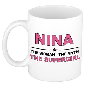 Bellatio Naam cadeau Nina - The woman, The myth the supergirl koffie mok / beker 300 ml - naam/namen mokken - Cadeau voor o.a verjaardag/ moederdag/ pensioen/ geslaagd/ bedankt