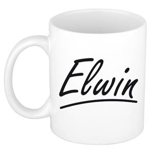 Bellatio Elwin naam cadeau mok / beker met sierlijke letters - Cadeau collega/ vaderdag/ verjaardag of persoonlijke voornaam mok werknemers