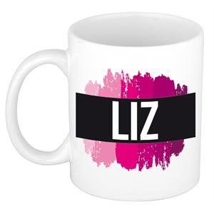 Bellatio Liz naam cadeau mok / beker met roze verfstrepen - Cadeau collega/ moederdag/ verjaardag of als persoonlijke mok werknemers