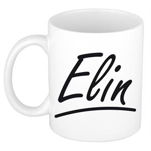 Bellatio Elin naam cadeau mok / beker sierlijke letters - Cadeau collega/ moederdag/ verjaardag of persoonlijke voornaam mok werknemers