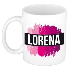 Bellatio Lorena naam cadeau mok / beker met roze verfstrepen - Cadeau collega/ moederdag/ verjaardag of als persoonlijke mok werknemers