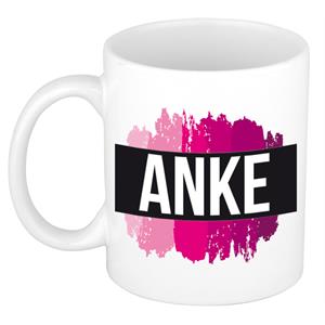 Bellatio Anke naam cadeau mok / beker met roze verfstrepen - Cadeau collega/ moederdag/ verjaardag of als persoonlijke mok werknemers