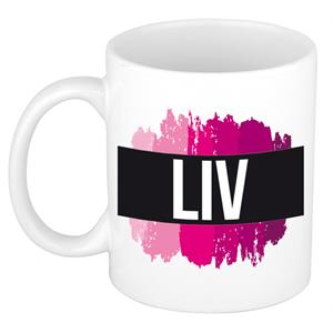 Bellatio Liv naam cadeau mok / beker met roze verfstrepen - Cadeau collega/ moederdag/ verjaardag of als persoonlijke mok werknemers