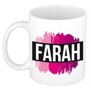 Bellatio Farah naam cadeau mok / beker met roze verfstrepen - Cadeau collega/ moederdag/ verjaardag of als persoonlijke mok werknemers