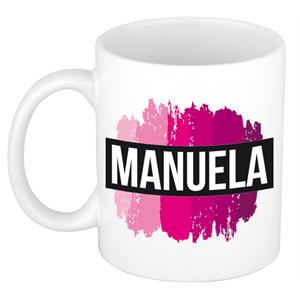 Bellatio Manuela naam cadeau mok / beker met roze verfstrepen - Cadeau collega/ moederdag/ verjaardag of als persoonlijke mok werknemers
